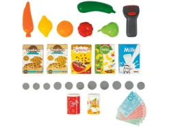 Supermarkt, met winkelwagen en kassa