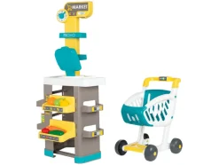 Supermarkt, met winkelwagen en kassa